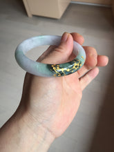 Load image into Gallery viewer, 54mm 100% Natural type A dark green purple white carved plum bossom and golden-painted Jadeite Jade bangle BP166-0266
