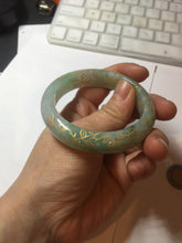 Load image into Gallery viewer, 51.5mm 100% Natural type A sunny green white carved flowers(繁花似锦) golden-painted Jadeite Jade bangle PF15
