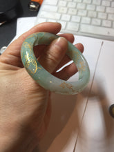 Load image into Gallery viewer, 51.5mm 100% Natural type A sunny green white carved flowers(繁花似锦) golden-painted Jadeite Jade bangle PF15

