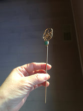 Load image into Gallery viewer, 100% natural Type A sunny green Jadeite Gold tone Alloy Hair Stick with Jade Cabochon | Auspicious Magpie &amp; Plum Blossom Design PE19
