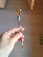 Load image into Gallery viewer, 100% natural Type A sunny green Jadeite Gold tone Alloy Hair Stick with Jade Cabochon | Auspicious Magpie &amp; Plum Blossom Design PE19
