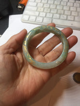 Load image into Gallery viewer, 51.5mm 100% Natural type A sunny green white carved flowers(繁花似锦) golden-painted Jadeite Jade bangle PF15
