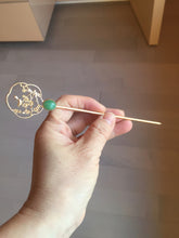 Load image into Gallery viewer, 100% natural Type A sunny green Jadeite Gold tone Alloy Hair Stick with Jade Cabochon | Auspicious Magpie &amp; Plum Blossom Design PE19
