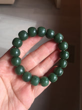 Load image into Gallery viewer, 100% Natural 10.3/12mm dark green/black vintage style nephrite Jade (碧玉) bead bracelet HE90

