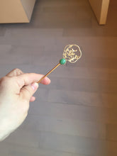Load image into Gallery viewer, 100% natural Type A sunny green Jadeite Gold tone Alloy Hair Stick with Jade Cabochon | Auspicious Magpie &amp; Plum Blossom Design PE19
