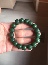 Load image into Gallery viewer, 100% Natural 10.3/12mm dark green/black vintage style nephrite Jade (碧玉) bead bracelet HE90
