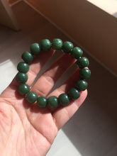 Load image into Gallery viewer, 100% Natural 10.3/12mm dark green/black vintage style nephrite Jade (碧玉) bead bracelet HE90
