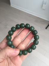 Load image into Gallery viewer, 100% Natural 10.3/12mm dark green/black vintage style nephrite Jade (碧玉) bead bracelet HE90
