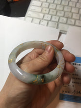 Load image into Gallery viewer, 卖了 56mm 100% Natural type A green white purple carved Plum Blossom golden-painted Jadeite Jade bangle PF16-2327
