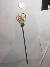 Load image into Gallery viewer, 100% natural Type A sunny green Jadeite Gold tone Alloy Hair Stick with Jade Cabochon | Auspicious Magpie &amp; Plum Blossom Design PE19
