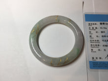 Load image into Gallery viewer, 55.3mm 100% Natural type A sunny green purple white carved flowers and golden-painted chubby Jadeite Jade bangle PF17-2326
