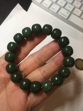 Load image into Gallery viewer, 100% Natural 10.3/12mm dark green/black vintage style nephrite Jade (碧玉) bead bracelet HE90
