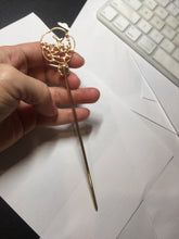 Load image into Gallery viewer, 100% natural Type A sunny green Jadeite Gold tone Alloy Hair Stick with Jade Cabochon | Auspicious Magpie &amp; Plum Blossom Design PE19
