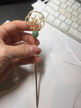 Load image into Gallery viewer, 100% natural Type A sunny green Jadeite Gold tone Alloy Hair Stick with Jade Cabochon | Auspicious Magpie &amp; Plum Blossom Design PE19
