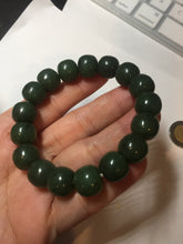 Load image into Gallery viewer, 100% Natural 10.3/12mm dark green/black vintage style nephrite Jade (碧玉) bead bracelet HE90
