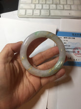 Load image into Gallery viewer, 55.3mm 100% Natural type A sunny green purple white carved flowers and golden-painted chubby Jadeite Jade bangle PF17-2326
