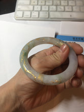 Load image into Gallery viewer, 55.3mm 100% Natural type A sunny green purple white carved flowers and golden-painted chubby Jadeite Jade bangle PF17-2326
