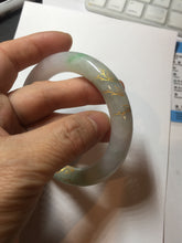 Load image into Gallery viewer, 55.3mm 100% Natural type A sunny green purple white carved flowers and golden-painted chubby Jadeite Jade bangle PF17-2326
