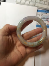 Load image into Gallery viewer, 55.3mm 100% Natural type A sunny green purple white carved flowers and golden-painted chubby Jadeite Jade bangle PF17-2326
