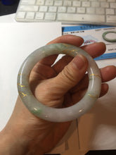 Load image into Gallery viewer, 55.3mm 100% Natural type A sunny green purple white carved flowers and golden-painted chubby Jadeite Jade bangle PF17-2326
