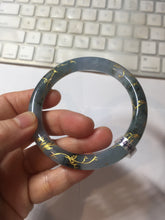Load image into Gallery viewer, 55mm certified 100% natural Type A sunny green white carved and golden-painted jadeite jade bangle PF79-(3441)
