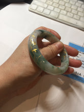Load image into Gallery viewer, 55.5mm certified 100% natural Type A green white red with green floating flowers carved and golden-painted jadeite jade bangle PF82-6076
