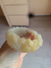 Load image into Gallery viewer, 54mm 100% natural light yellow/beige/gray 3D carved lotus and kissing love birds Quartzite (Shetaicui jade) jade bangle SY69
