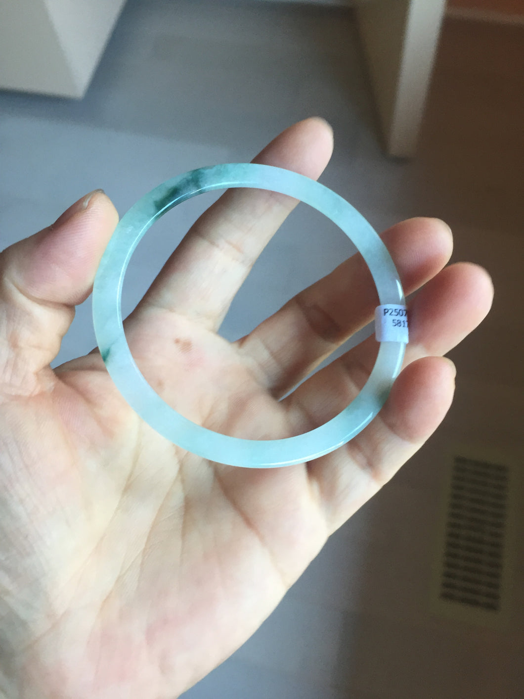 58.3mm certified 100% natural type A light green white with green floating flowers flat jadeite bangle PD29-5817