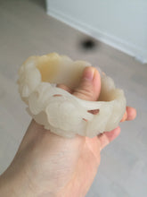 Load image into Gallery viewer, 54mm 100% natural light yellow/beige/gray 3D carved lotus and kissing love birds Quartzite (Shetaicui jade) jade bangle SY69
