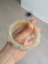Load image into Gallery viewer, 54mm 100% natural light yellow/beige/gray 3D carved lotus and kissing love birds Quartzite (Shetaicui jade) jade bangle SY69
