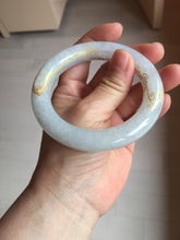 Load image into Gallery viewer, 56.5mm 100% Natural type A icy watery green/blue carved and golden-painted chubby round cut Jadeite Jade bangle PC75
