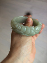 Load image into Gallery viewer, 53mm 100% natural light green/gray Quartzite (Shetaicui jade) 3D carved Magpie and Peony bangle XY62
