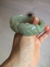 Load image into Gallery viewer, 53mm 100% natural light green/gray Quartzite (Shetaicui jade) 3D carved Magpie and Peony bangle XY62
