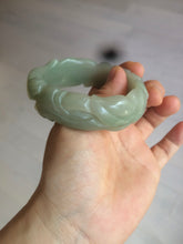 Load image into Gallery viewer, 53mm 100% natural light green/gray Quartzite (Shetaicui jade) 3D carved Magpie and Peony bangle XY62
