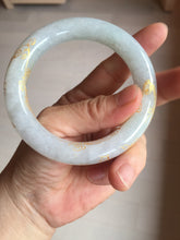 Load image into Gallery viewer, 56.5mm 100% Natural type A icy watery green/blue carved and golden-painted chubby round cut Jadeite Jade bangle PC75

