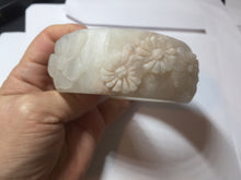 Load image into Gallery viewer, 62mm 100% natural white light Pink carved flowers Quartzite (Shetaicui jade) bangle XY114
