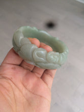Load image into Gallery viewer, 53mm 100% natural light green/gray Quartzite (Shetaicui jade) 3D carved Magpie and Peony bangle XY62
