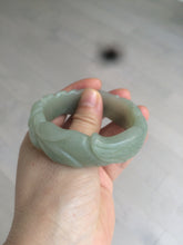 Load image into Gallery viewer, 53mm 100% natural light green/gray Quartzite (Shetaicui jade) 3D carved Magpie and Peony bangle XY62
