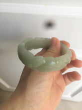 Load image into Gallery viewer, 53mm 100% natural light green/gray Quartzite (Shetaicui jade) 3D carved Magpie and Peony bangle XY62
