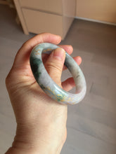 Load image into Gallery viewer, 56.5mm 100% Natural type A sunny green purple brown gray white carved flowers and golden-painted Jadeite Jade bangle BG232
