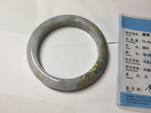 Load image into Gallery viewer, 55.5mm 100% Natural type A green purple carved plum blossom and golden-painted Jadeite Jade bangle PB226-0257
