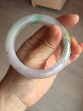 Load image into Gallery viewer, 53.3mm 100% Natural type A sunny green purple brown gray white carved flowers and golden-painted Jadeite Jade bangle BG231-5035
