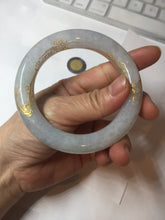 Load image into Gallery viewer, 56.5mm 100% Natural type A icy watery green/blue carved and golden-painted chubby round cut Jadeite Jade bangle PC75
