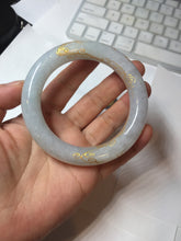 Load image into Gallery viewer, 56.5mm 100% Natural type A icy watery green/blue carved and golden-painted chubby round cut Jadeite Jade bangle PC75
