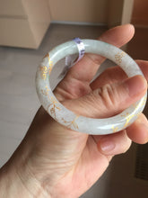 Load image into Gallery viewer, 53.3mm certified 100% natural Type A sunny green white carved and golden-painted jadeite jade bangle PF75
