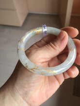 Load image into Gallery viewer, 53.3mm certified 100% natural Type A sunny green white carved and golden-painted jadeite jade bangle PF75
