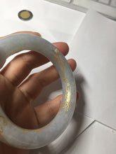 Load image into Gallery viewer, 56.5mm 100% Natural type A icy watery green/blue carved and golden-painted chubby round cut Jadeite Jade bangle PC75
