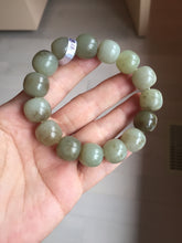Load image into Gallery viewer, 14x13mm 100% Natural light green/gray/brown with brown flying dandelions vintage style nephrite Jade bead bracelet HE84
