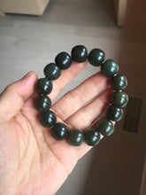Load image into Gallery viewer, 14x13mm 100% Natural dark green/black/gray vintage style nephrite Jade bead bracelet HE107
