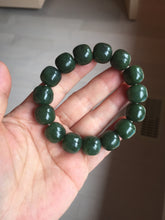 Load image into Gallery viewer, 14x13mm 100% Natural dark green/black/gray(碧玉) vintage style nephrite Jade bead bracelet HE106
